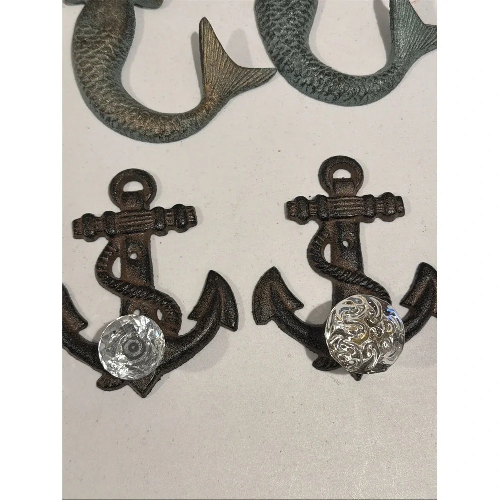 Set Of 6 Nautical Cast Iron Wall Hooks Mermaid Seahorse Anchor New